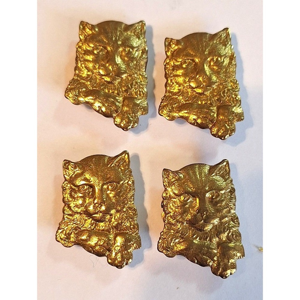 Vintage‎ Gold Tone Cat Head Button Covers 4 Textured Feline Face Crafting 1.25"
